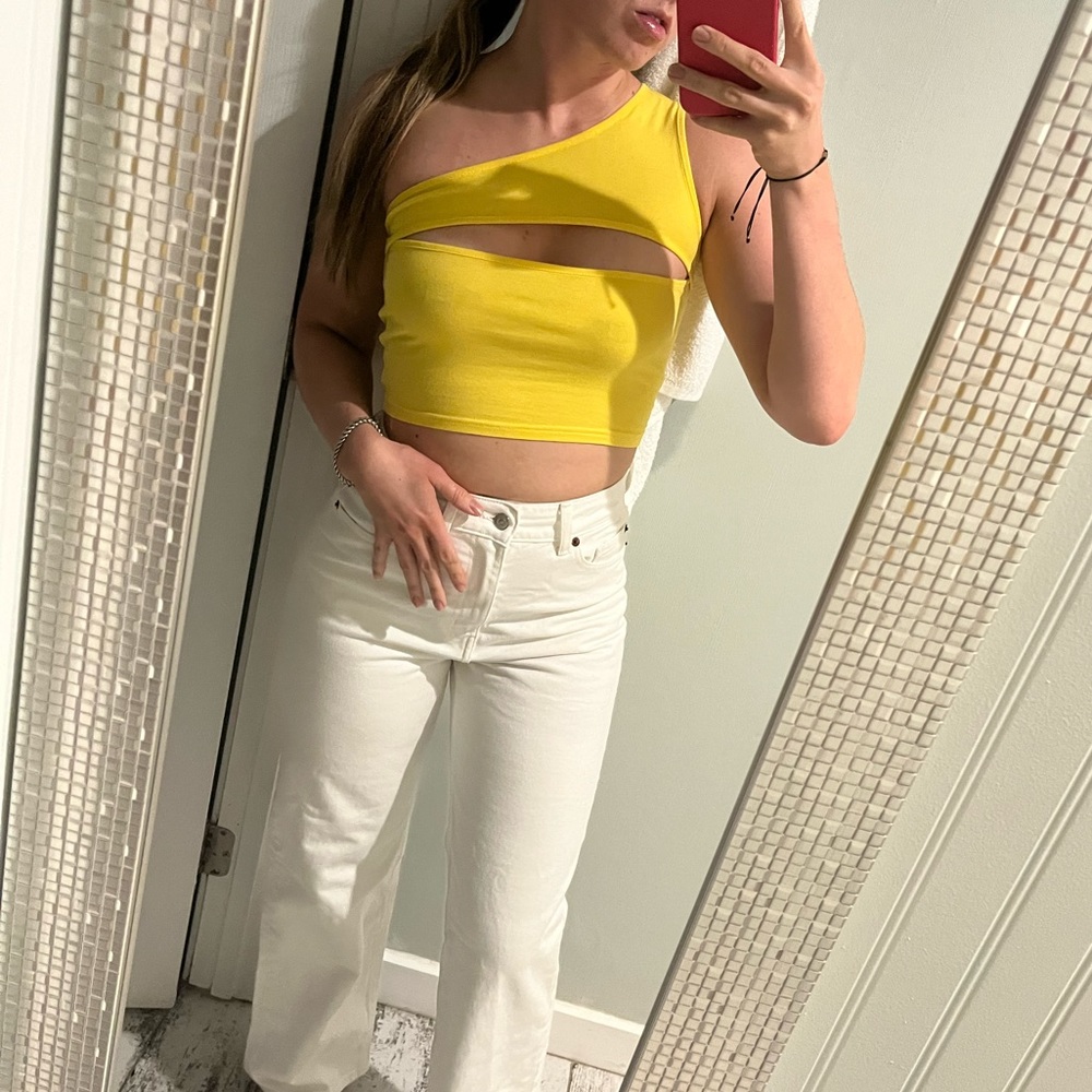 DOLLS KILL one sleeve yellow crop top with cutout
